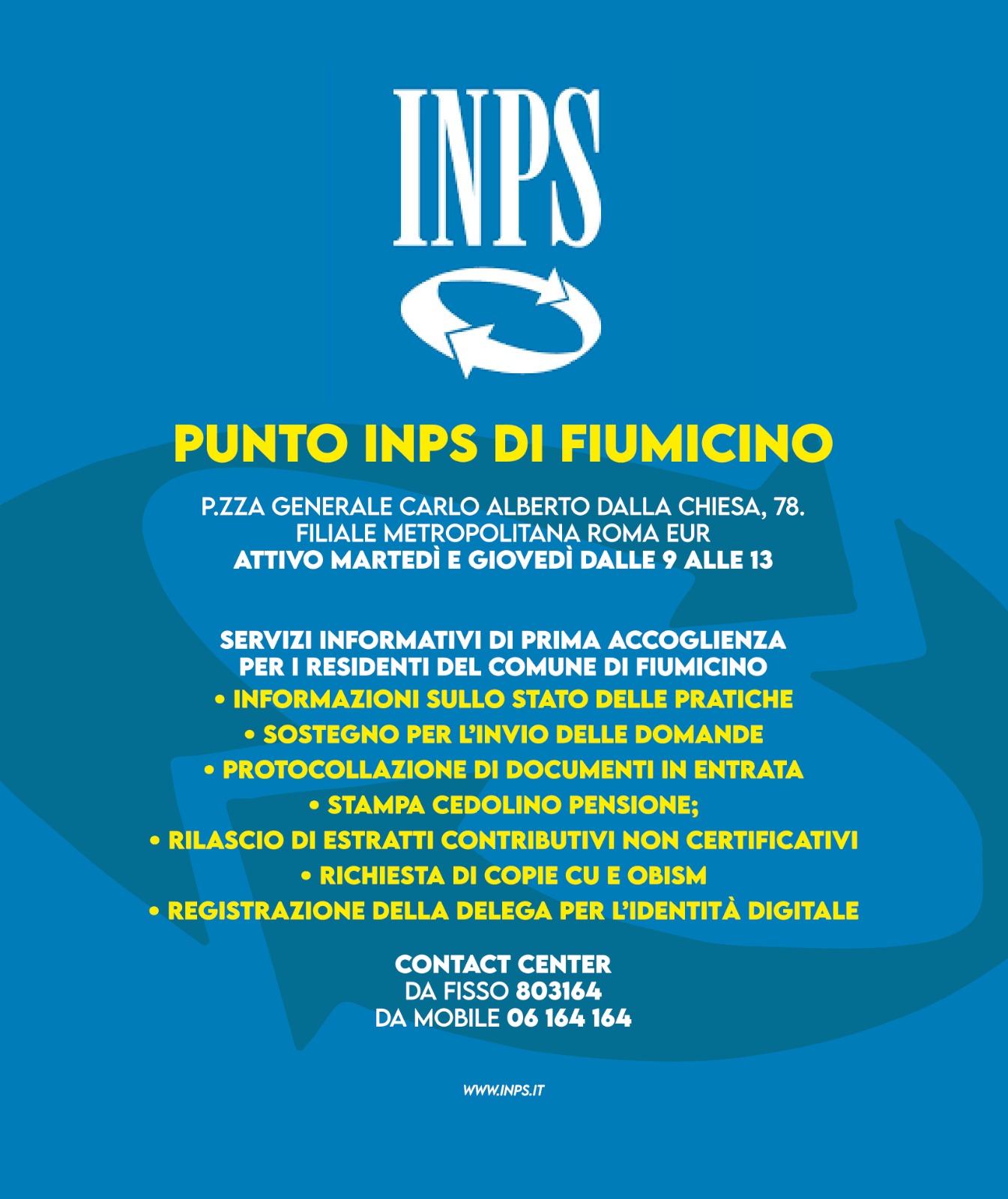 Punto INPS di Fiumicino - Attivo martedì e giovedì dalle 9 alle 13 - Per i residenti del Comune di Fiumicino